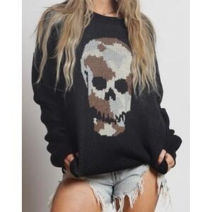 Blue Buttercup Knit Skull Sweater Black Camo Intarsia SW70186 Mens Womens M NEW
